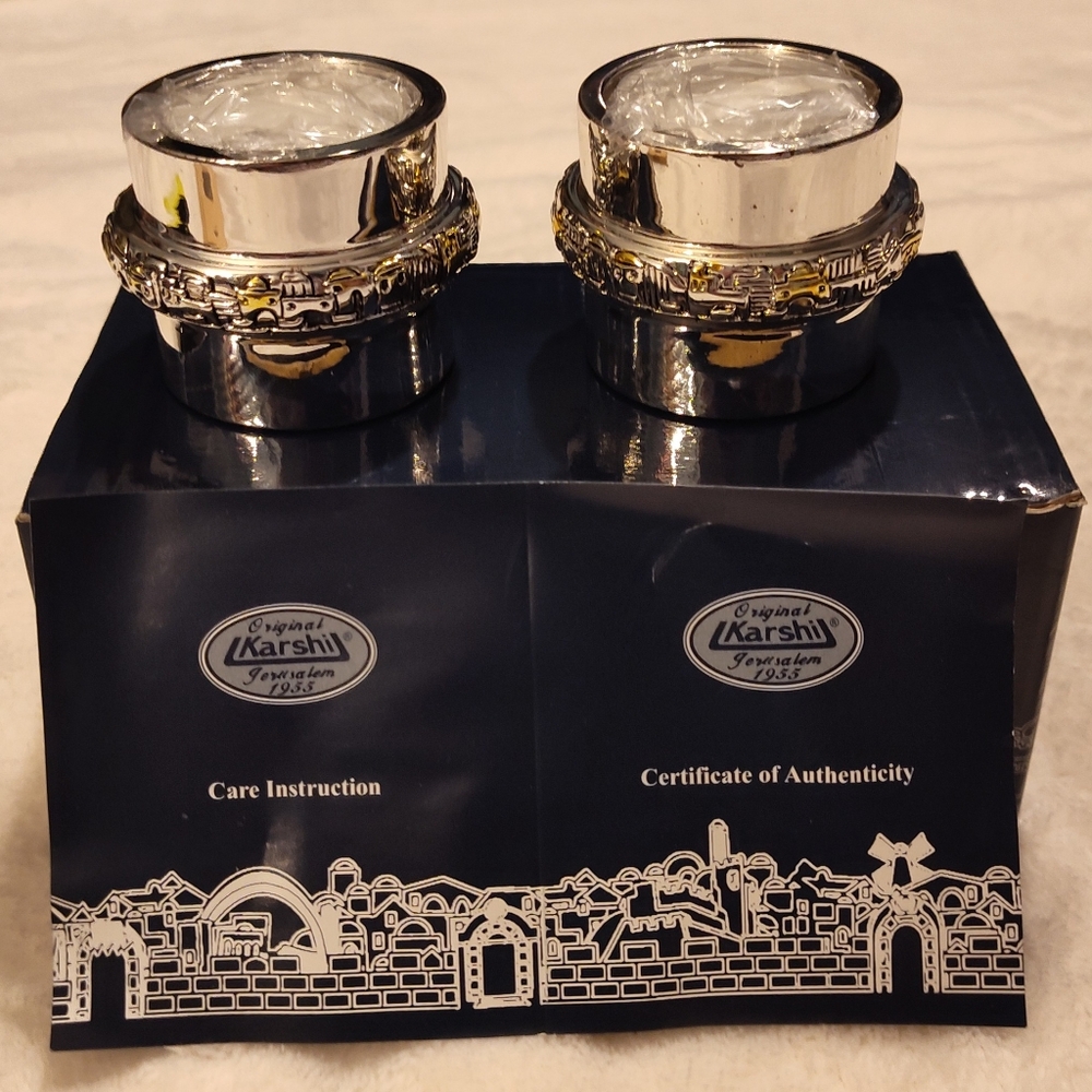 NEW! Vintage 1950's Kashi Jerusalem Candle Holder Set (Silver Plated)